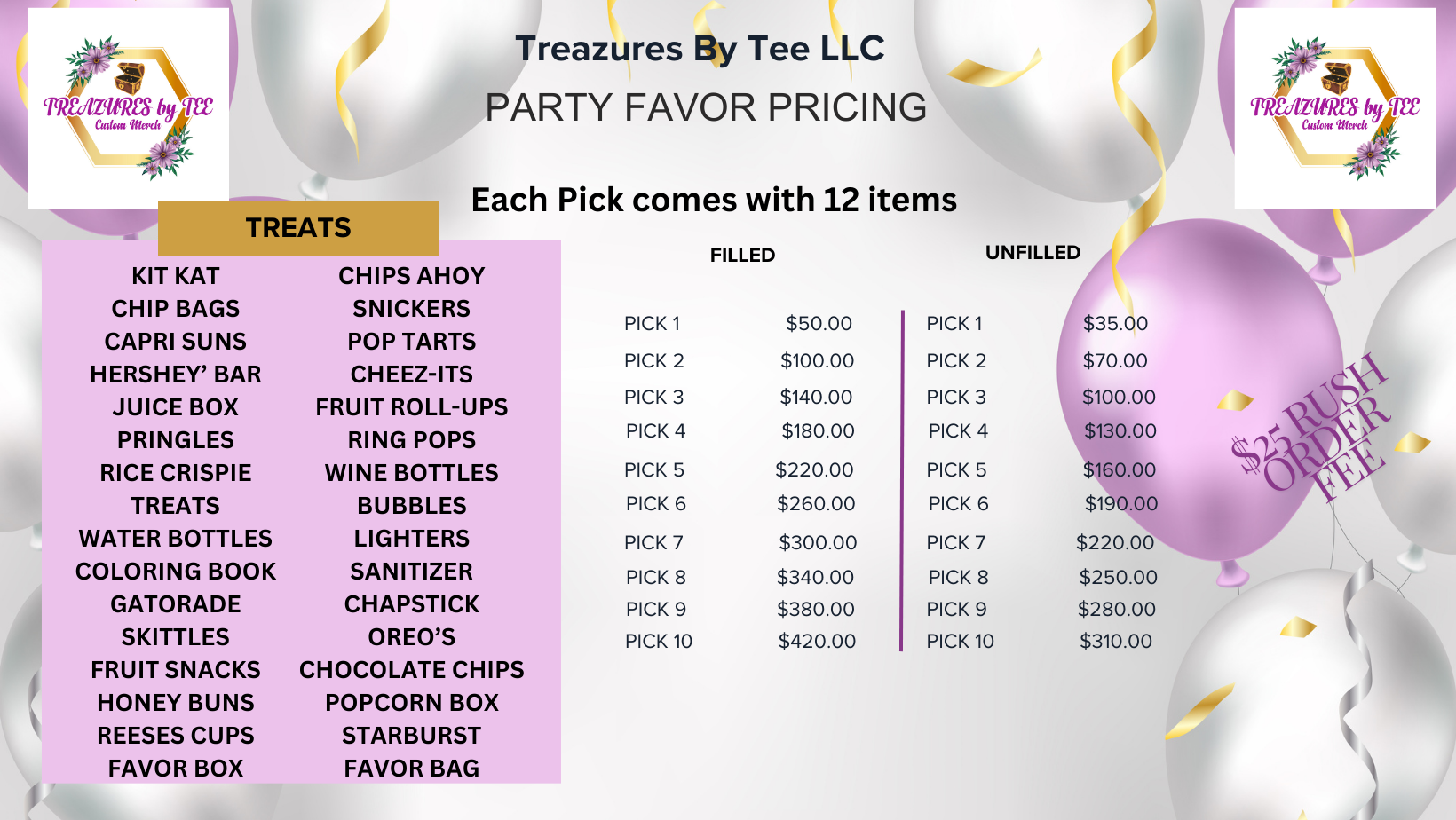PARTY FAVOR PICKS & PRICING